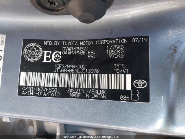 Aukcja sprzedaży 2020 Toyota Corolla Hybrid, vin: JTDBBRBE9LJ013098, numer aukcji: 12612207