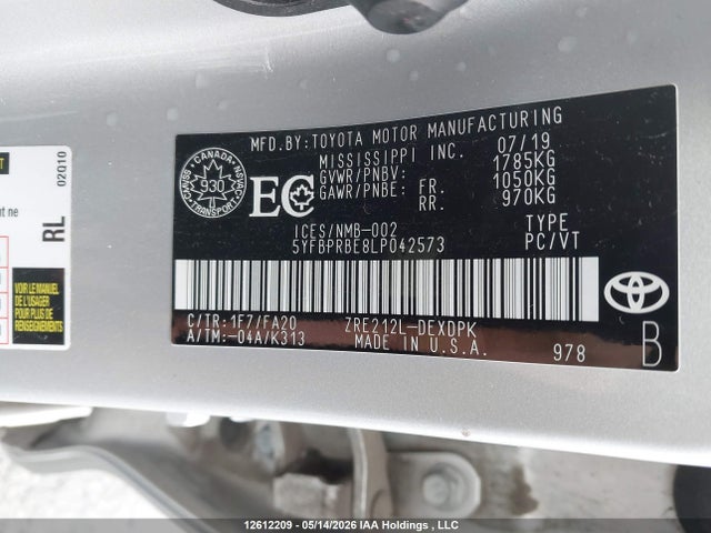 Aukcja sprzedaży 2020 Toyota Corolla, vin: 5YFBPRBE8LP042573, numer aukcji: 12612209