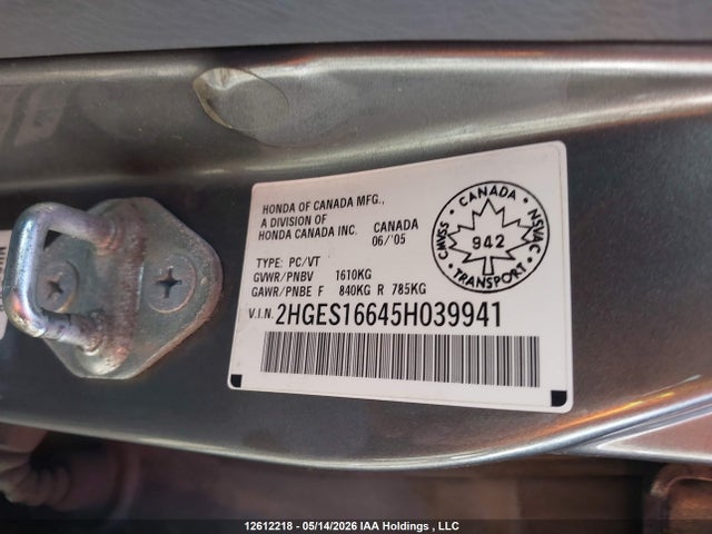 Продаж на аукціоні авто 2005 Honda Civic Lx-g, vin: 2HGES16645H039941, номер лоту: 12612218