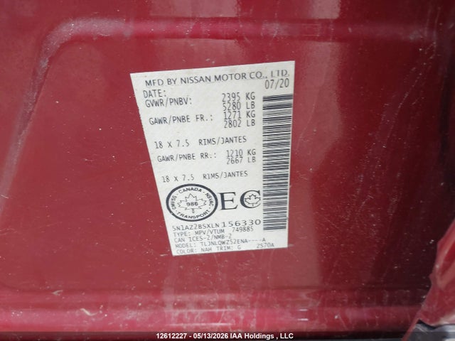 5N1AZ2BSXLN156330 Nissan MURANO SV