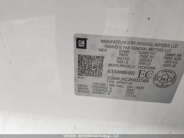 12612228 :رقم المزاد ، 1GNSKJKC2KR337498 vin ، 2019 Chevrolet Suburban Premier مزاد بيع