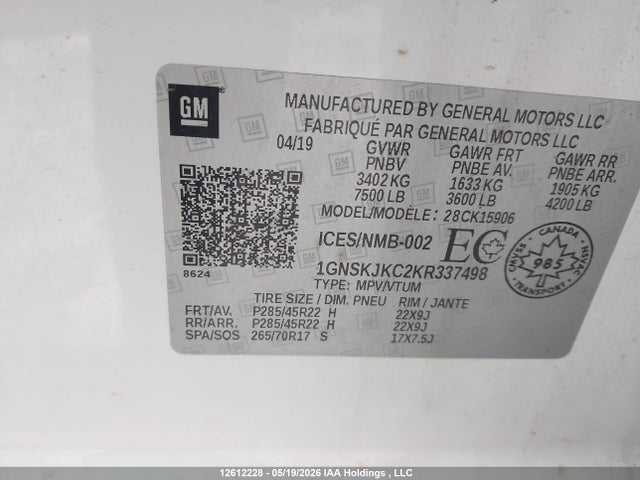 12612228 :رقم المزاد ، 1GNSKJKC2KR337498 vin ، 2019 Chevrolet Suburban Premier مزاد بيع