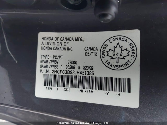 Продаж на аукціоні авто 2018 Honda Civic Touring, vin: 2HGFC3B93JH451386, номер лоту: 12612240