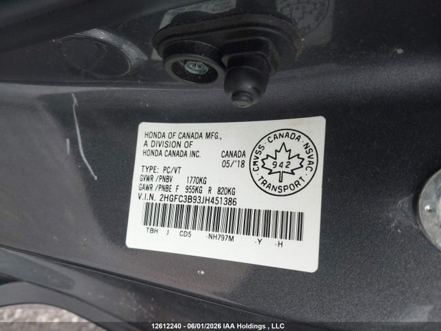 Продаж на аукціоні авто 2018 Honda Civic Touring, vin: 2HGFC3B93JH451386, номер лоту: 12612240