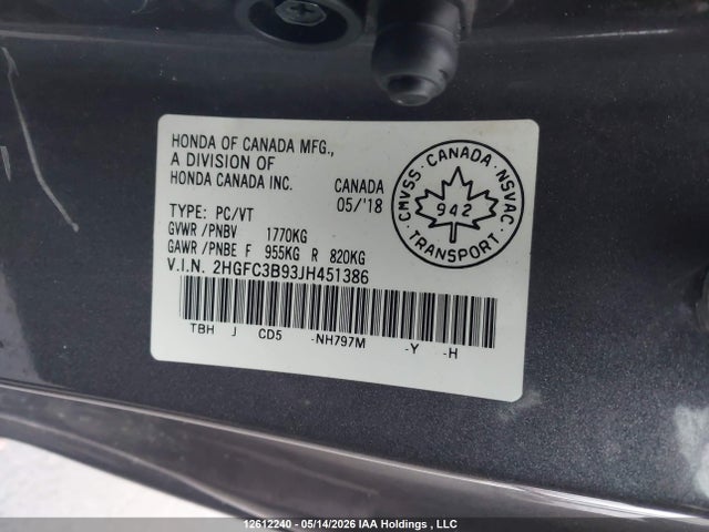 Продаж на аукціоні авто 2018 Honda Civic Touring, vin: 2HGFC3B93JH451386, номер лоту: 12612240