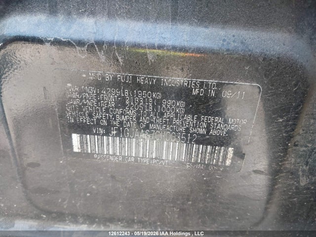 Aukcja sprzedaży 2012 Subaru Impreza, vin: JF1GJAA67CH003512, numer aukcji: 12612243
