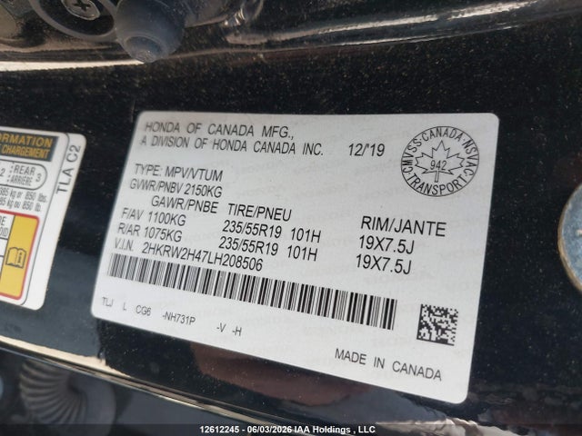 2020 Honda Cr-v Sport მანქანა იყიდება აუქციონზე, vin: 2HKRW2H47LH208506, აუქციონის ნომერი: 12612245