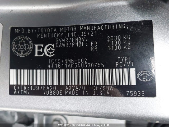 4T1G11AK5NU630755 Toyota CAMRY SE