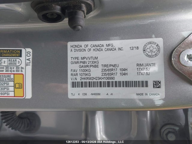 12612253 :رقم المزاد ، 2HKRW2H23KH106990 vin ، 2019 Honda Cr-v Lx مزاد بيع