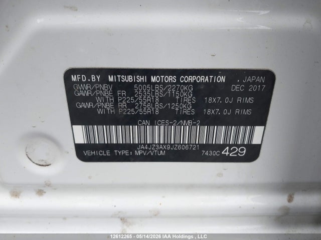 Aukcja sprzedaży 2018 Mitsubishi Outlander Se/sel, vin: JA4JZ3AX9JZ606721, numer aukcji: 12612265