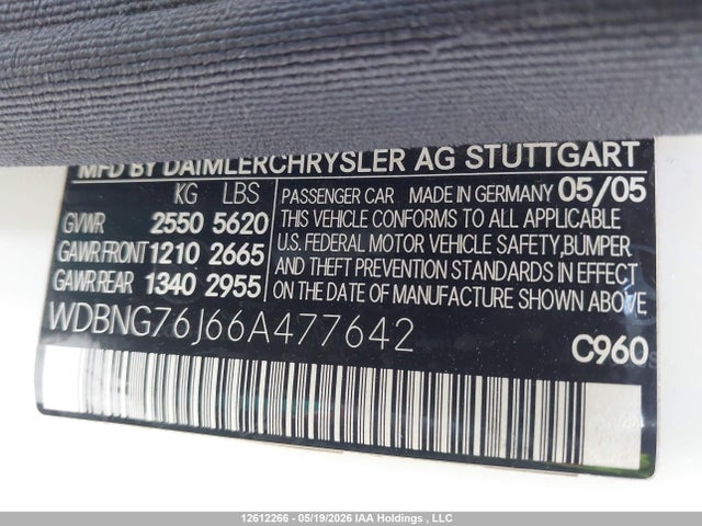 Aukcja sprzedaży 2006 Mercedes-benz S 600 600, vin: WDBNG76J66A477642, numer aukcji: 12612266