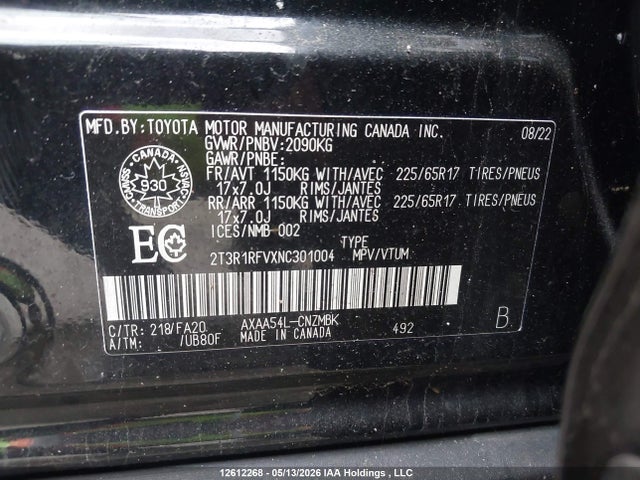 2022 Toyota Rav4 Xle/xle Premium მანქანა იყიდება აუქციონზე, vin: 2T3R1RFVXNC301004, აუქციონის ნომერი: 12612268