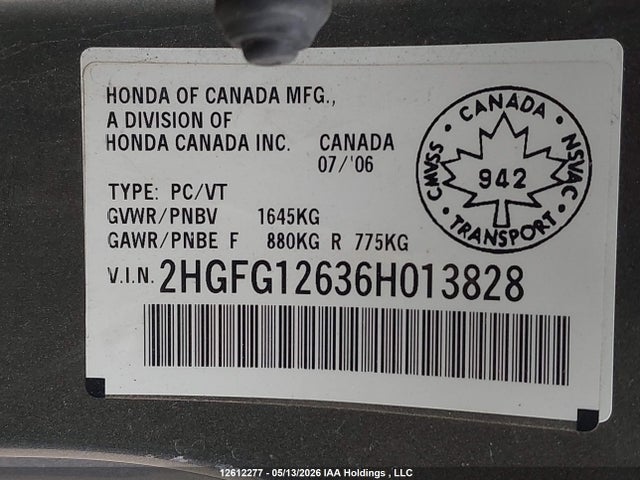 Aukcja sprzedaży 2006 Honda Civic Lx, vin: 2HGFG12636H013828, numer aukcji: 12612277