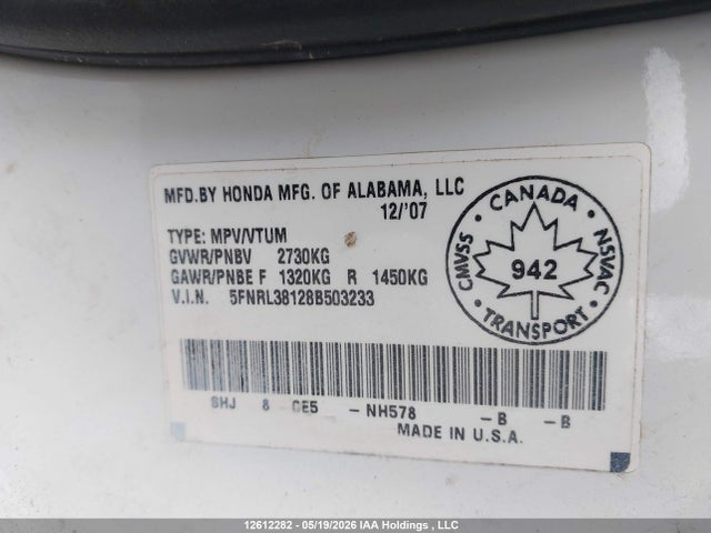 2008 Honda Odyssey Dx მანქანა იყიდება აუქციონზე, vin: 5FNRL38128B503233, აუქციონის ნომერი: 12612282