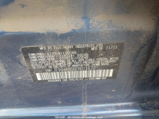 Продажа на аукционе авто 2014 Subaru Impreza, vin: JF1GJAA66EH011670, номер лота: 12612287