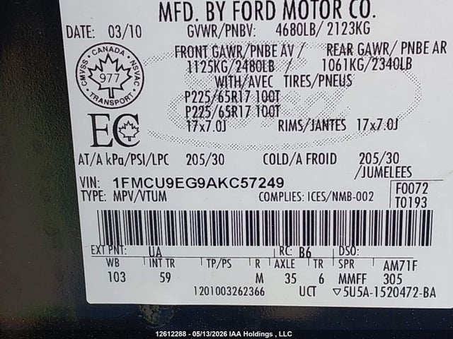 Продажа на аукционе авто 2010 Ford Escape Limited, vin: 1FMCU9EG9AKC57249, номер лота: 12612288