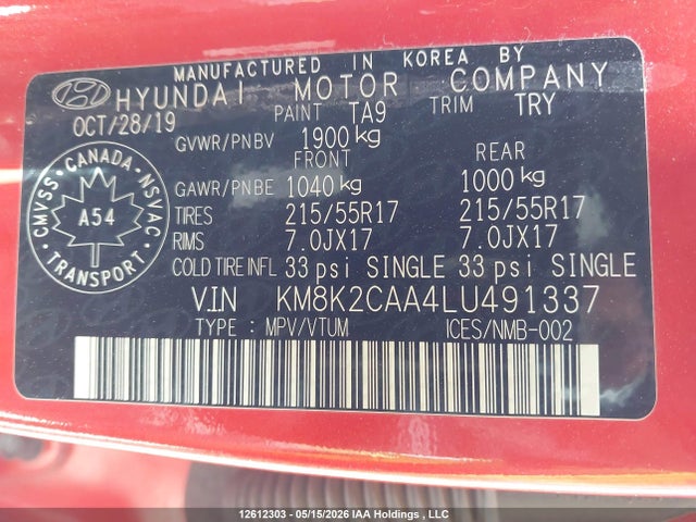 Продаж на аукціоні авто 2020 Hyundai Kona Preferred Awd, vin: KM8K2CAA4LU491337, номер лоту: 12612303