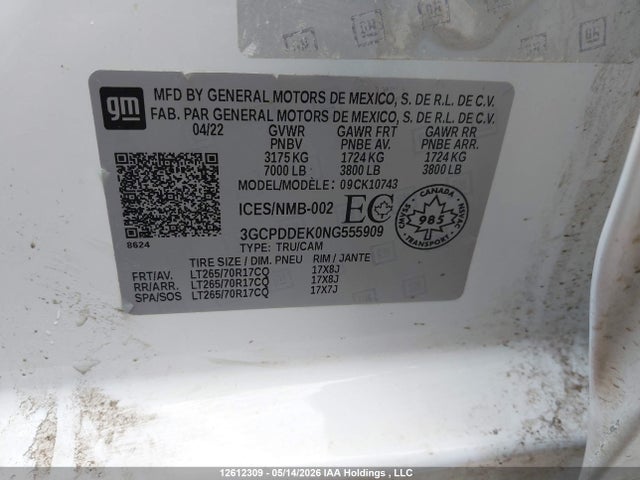 Aukcja sprzedaży 2022 Chevrolet Silverado K1500 Lt, vin: 3GCPDDEK0NG555909, numer aukcji: 12612309