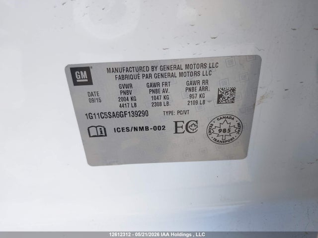 12612312 :رقم المزاد ، 1G11C5SA6GF139290 vin ، 2016 Chevrolet Malibu Limited Lt مزاد بيع