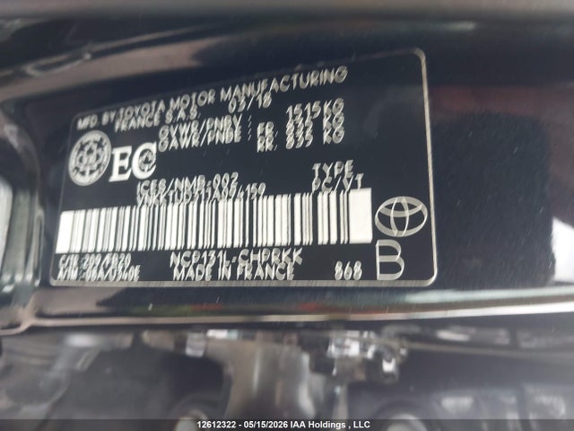 2018 Toyota Yaris Le მანქანა იყიდება აუქციონზე, vin: VNKKTUD31JA094159, აუქციონის ნომერი: 12612322