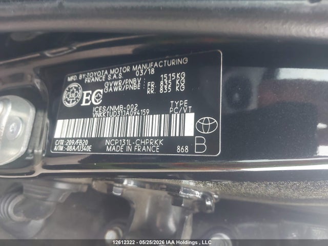 2018 Toyota Yaris Le მანქანა იყიდება აუქციონზე, vin: VNKKTUD31JA094159, აუქციონის ნომერი: 12612322