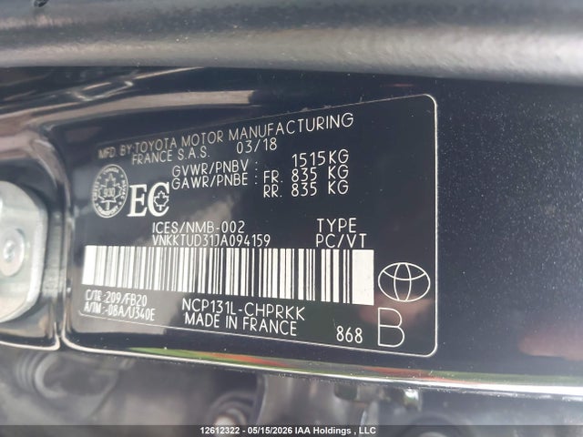 2018 Toyota Yaris Le მანქანა იყიდება აუქციონზე, vin: VNKKTUD31JA094159, აუქციონის ნომერი: 12612322