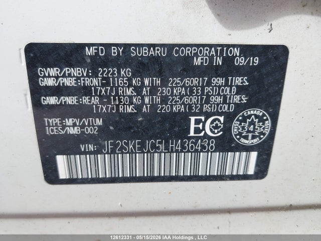 12612331 :رقم المزاد ، JF2SKEJC5LH436438 vin ، 2020 Subaru Forester Touring مزاد بيع