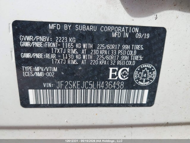 12612331 :رقم المزاد ، JF2SKEJC5LH436438 vin ، 2020 Subaru Forester Touring مزاد بيع