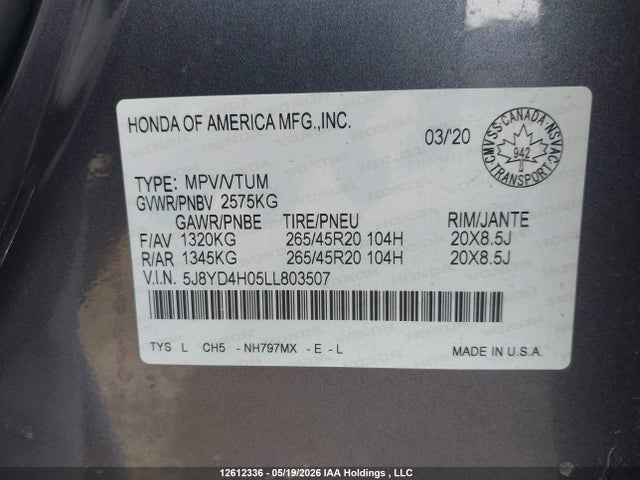2020 Acura Mdx მანქანა იყიდება აუქციონზე, vin: 5J8YD4H05LL803507, აუქციონის ნომერი: 12612336