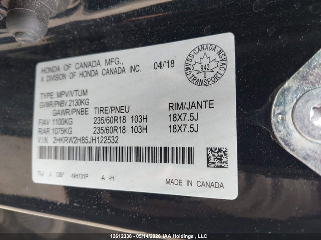 2HKRW2H85JH122532 Honda Cr-v Ex-l