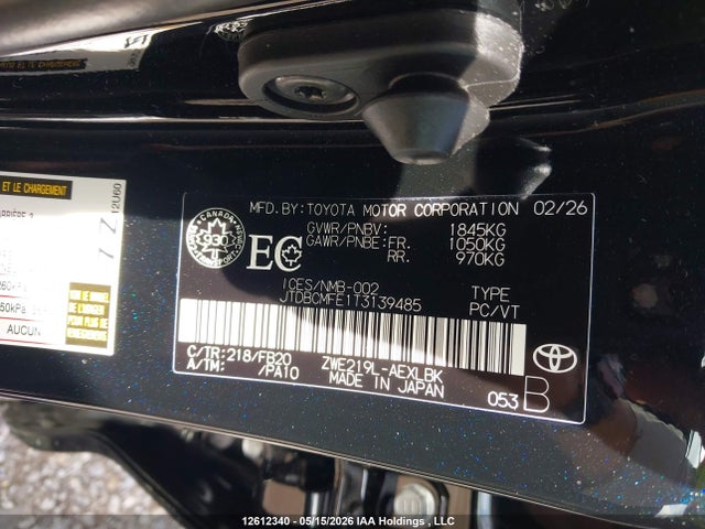 12612340 :رقم المزاد ، JTDBCMFE1T3139485 vin ، 2026 Toyota Corolla Hybrid Le مزاد بيع