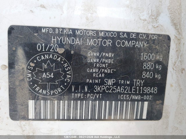 12612349 :رقم المزاد ، 3KPC25A62LE119848 vin ، 2020 Hyundai Accent Preferred Auto Ivt مزاد بيع