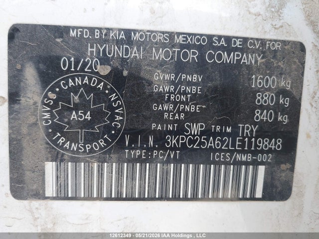 12612349 :رقم المزاد ، 3KPC25A62LE119848 vin ، 2020 Hyundai Accent Preferred Auto Ivt مزاد بيع