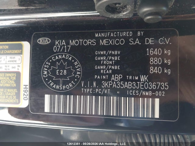 Aukcja sprzedaży 2018 Kia Rio, vin: 3KPA35AB3JE036735, numer aukcji: 12612351