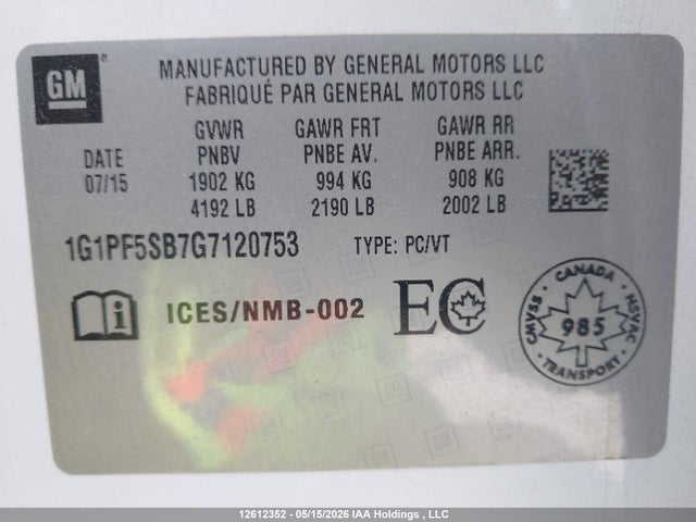 Продажа на аукционе авто 2016 Chevrolet Cruze Limited Lt, vin: 1G1PF5SB7G7120753, номер лота: 12612352