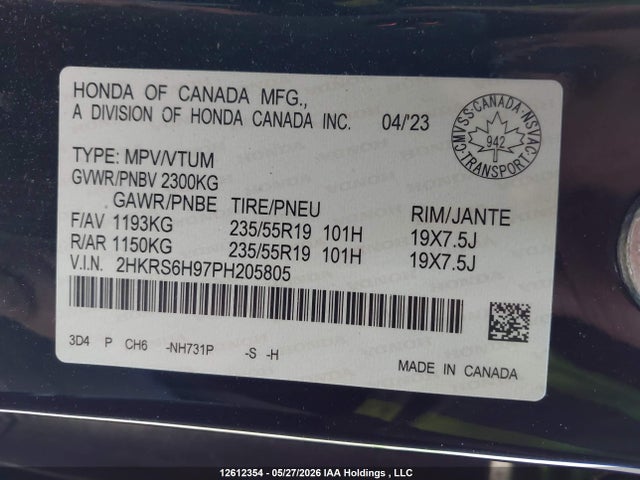 2023 Honda Cr-v Touring Hybrid მანქანა იყიდება აუქციონზე, vin: 2HKRS6H97PH205805, აუქციონის ნომერი: 12612354