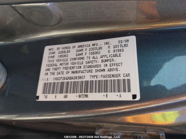 Aukcja sprzedaży 2008 Honda Accord 2.4 Lx-p, vin: 1HGCP264X8A093907, numer aukcji: 12612356
