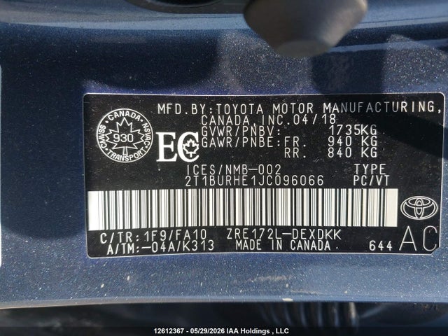 Aukcja sprzedaży 2018 Toyota Corolla Ce, vin: 2T1BURHE1JC096066, numer aukcji: 12612367