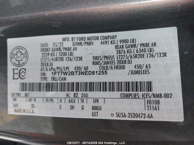 Продажа на аукционе авто 2022 Ford F-250 Xlt, vin: 1FT7W2BT3NED81255, номер лота: 12612371
