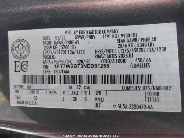 Продажа на аукционе авто 2022 Ford F-250 Xlt, vin: 1FT7W2BT3NED81255, номер лота: 12612371