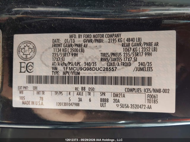 Aukcja sprzedaży 2013 Ford Escape Se, vin: 1FMCU9G98DUC28557, numer aukcji: 12612373