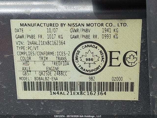 12612374 :رقم المزاد ، 1N4AL21EX8C162364 vin ، 2008 Nissan Altima 2.5 S مزاد بيع