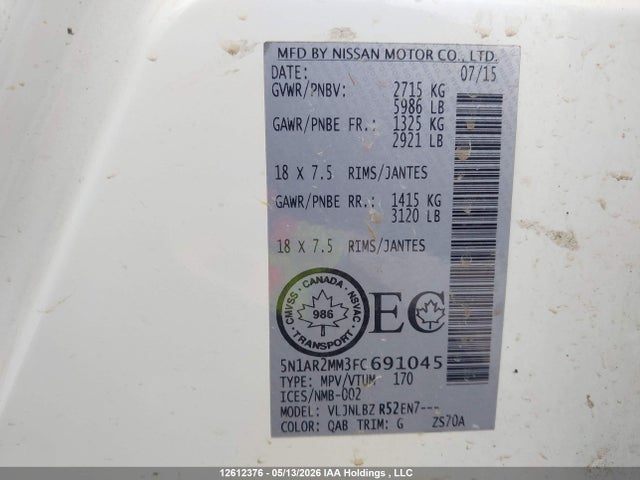 12612376 :رقم المزاد ، 5N1AR2MM3FC691045 vin ، 2015 Nissan Pathfinder Platinum/s/sl/sv مزاد بيع