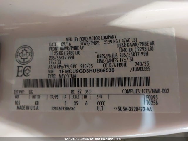1FMCU9GD3HUB69539 Ford ESCAPE SE