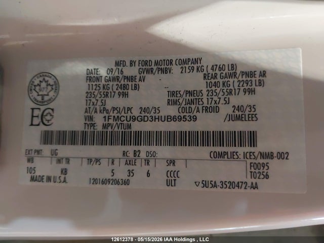1FMCU9GD3HUB69539 Ford ESCAPE SE