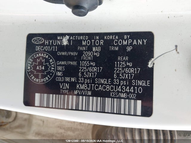 Продаж на аукціоні авто 2012 Hyundai Tucson Gl, vin: KM8JTCAC8CU434410, номер лоту: 12612380