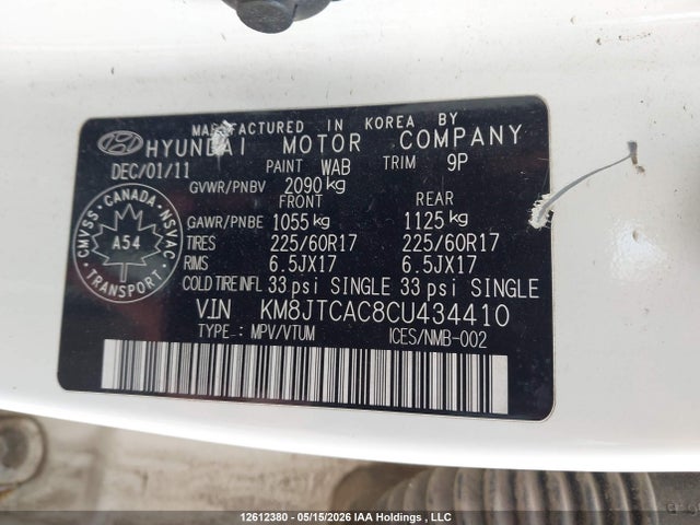 Продаж на аукціоні авто 2012 Hyundai Tucson Gl, vin: KM8JTCAC8CU434410, номер лоту: 12612380