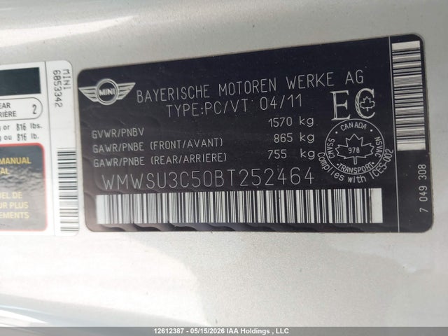 2011 Mini Cooper მანქანა იყიდება აუქციონზე, vin: WMWSU3C50BT252464, აუქციონის ნომერი: 12612387
