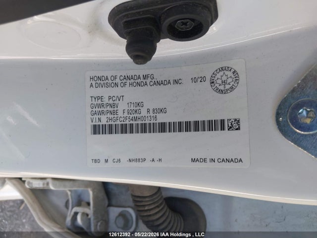 12612392 :رقم المزاد ، 2HGFC2F54MH001316 vin ، 2021 Honda Civic مزاد بيع