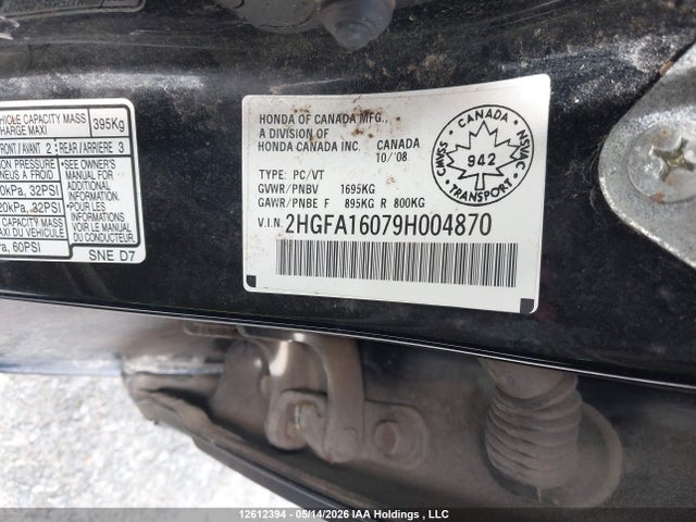 Aukcja sprzedaży 2009 Honda Civic Exl, vin: 2HGFA16079H004870, numer aukcji: 12612394